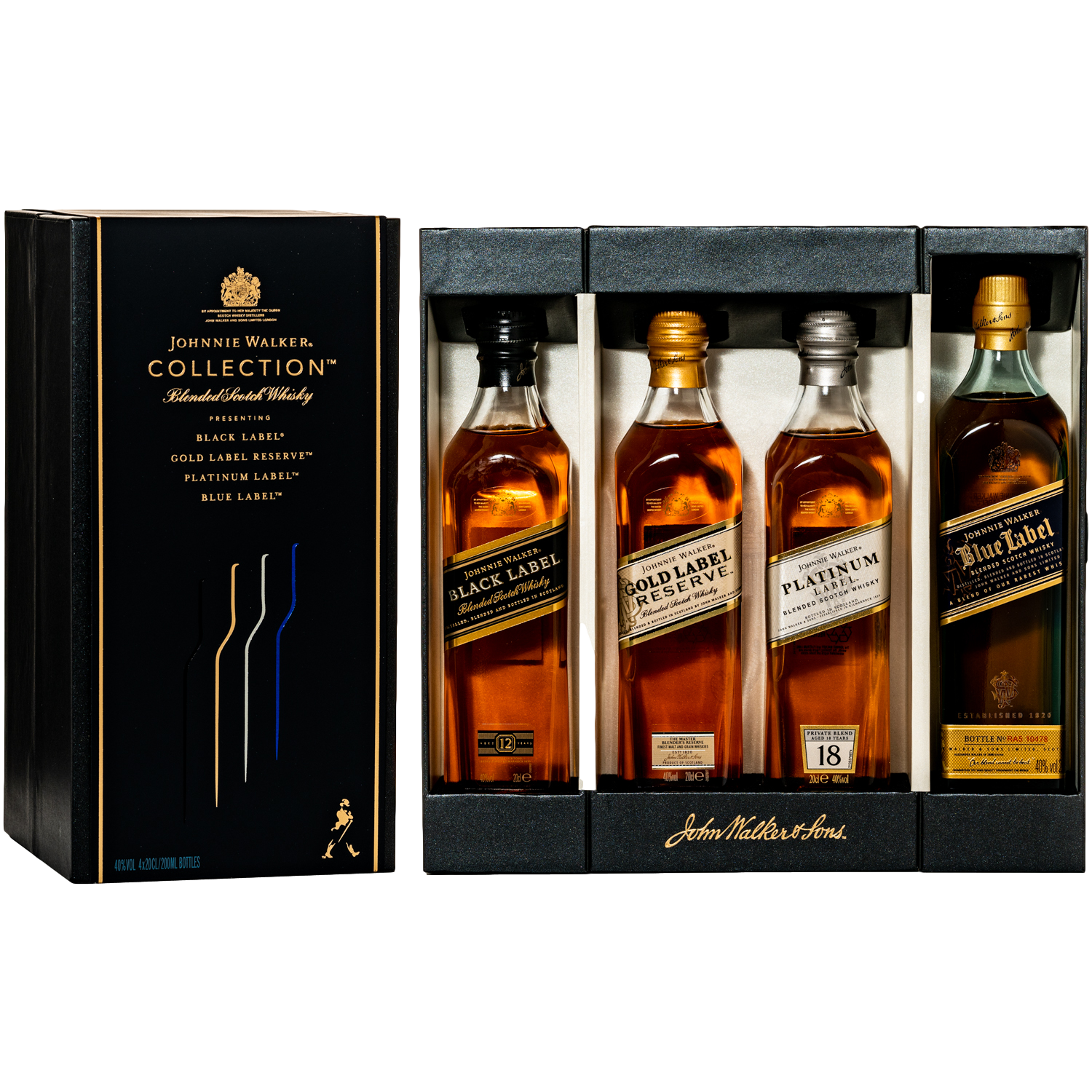 Johnnie Walker Black Label with Four 50mls Green Label, Gold
